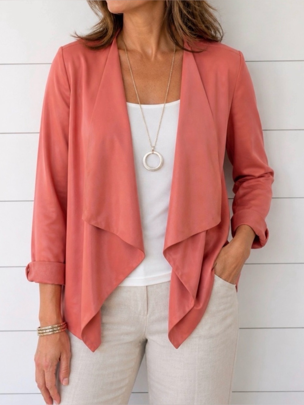 Chicos 8/10 drape faux leather peach old money coastal corpcore cozy jacket